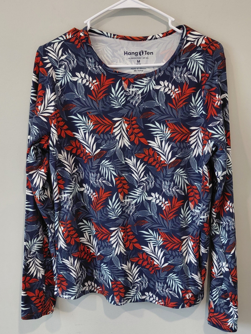 Hang Ten Navy Long-Sleeve Top with Red & White Leaf Print UPF 50+